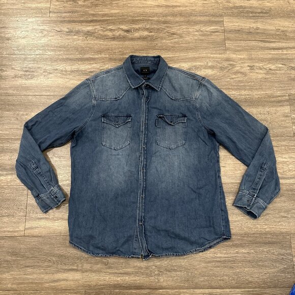 AX Armani Exchange Men's Large Blue Denim PEARL Snap XL Shirt 3GZCGE ZN85Z Slim